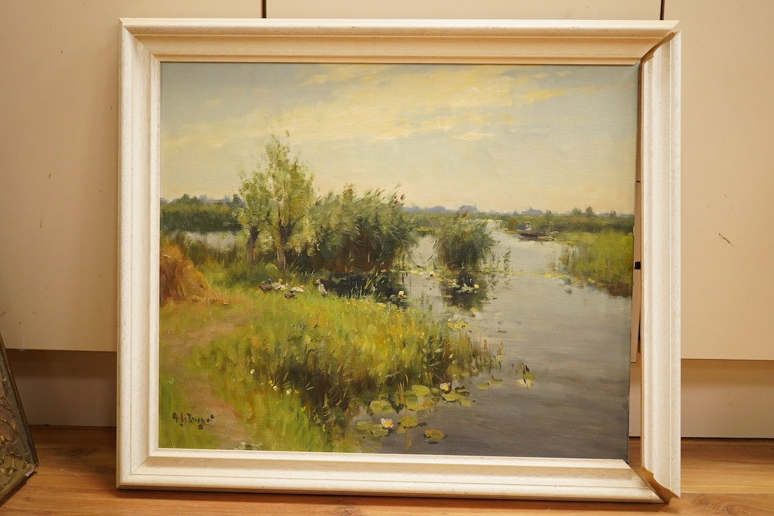 Arie Zwart (Dutch, 1903-1981), ‘Zomer’, A riverscape, signed, dated 1978 verso, oil on canvas, 48 x 59cm